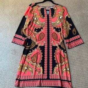 Orange, black and gold dress